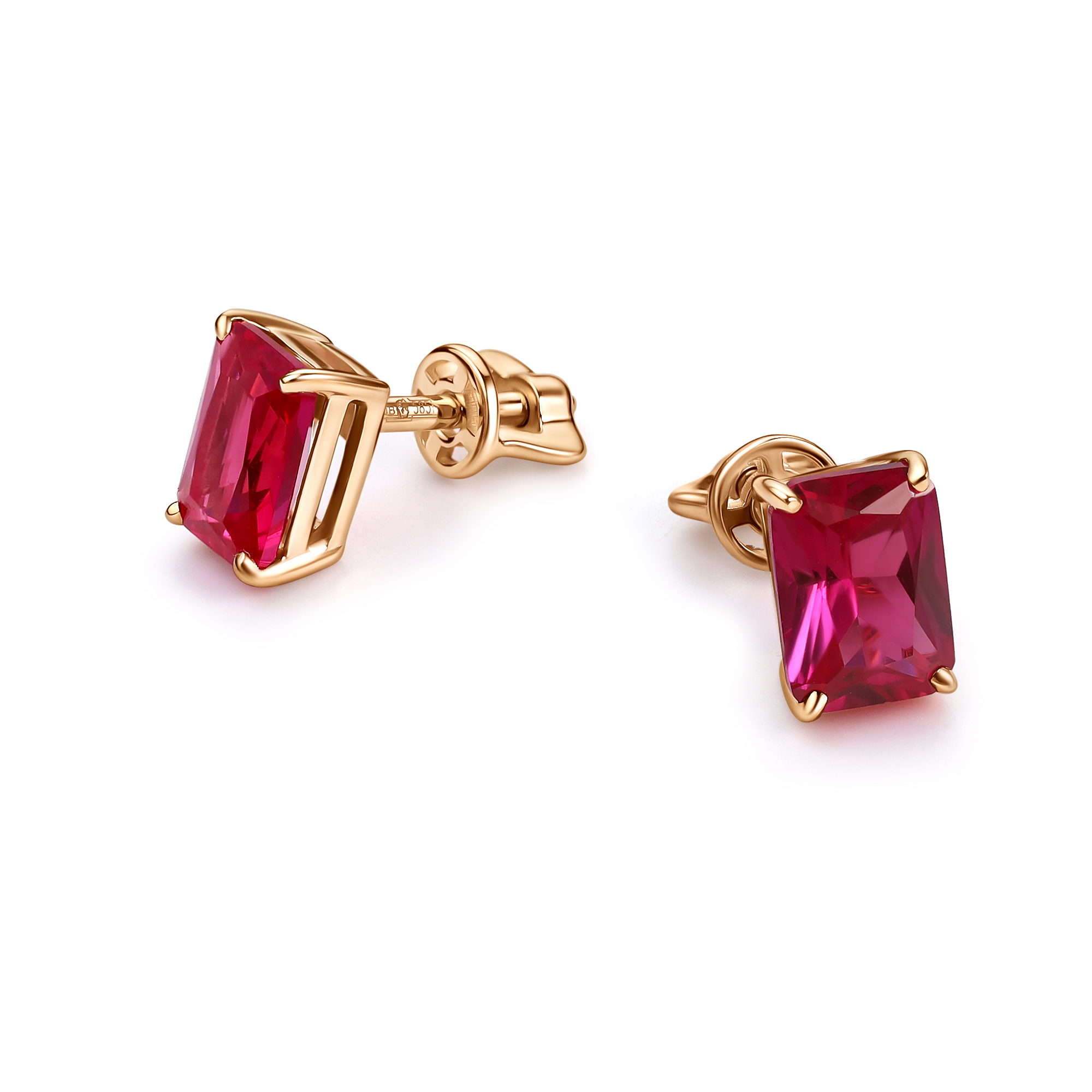 Серьги Пусеты из красного золота с камнями Рубин (синт.)