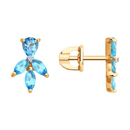 Серьги Пусеты из красного золота с камнями Бриллиант, Топаз Swiss