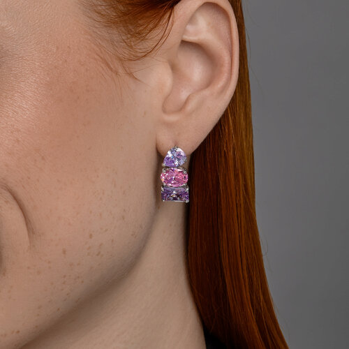 Серьги из серебра с камнями Фианит Сиреневый, Фианит Красный