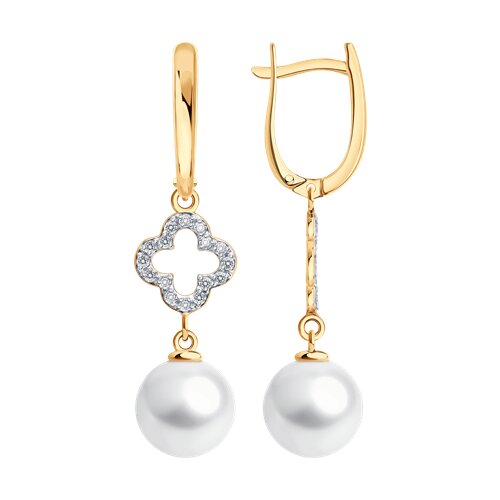 Cercei Suspendați din aur roșu cu pietre Cubic Zirconia Incolor, Perla Albă