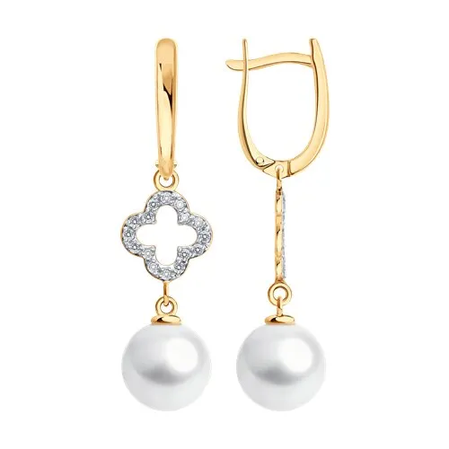 Cercei Suspendați din aur roșu cu Cubic Zirconia Incolor, Perla Albă