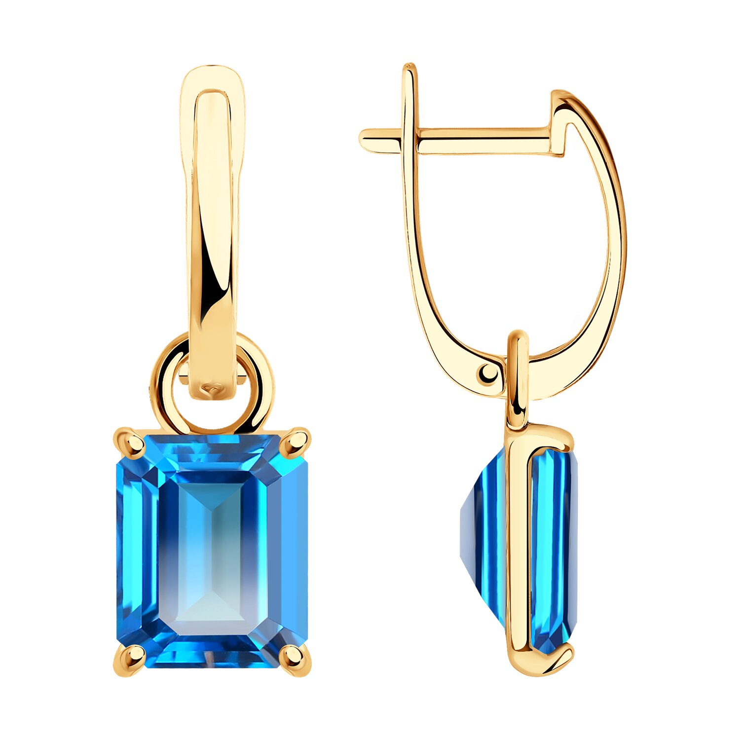 Серьги Длинные из красного золота с камнями Топаз Swarovski голубой