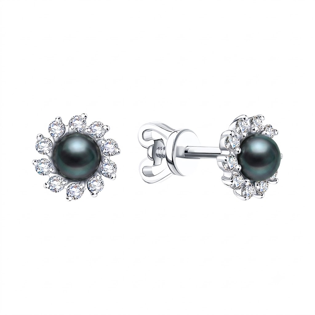 Cercei Pusete din aur alb cu Cubic Zirconia Incolor, Perla neagră