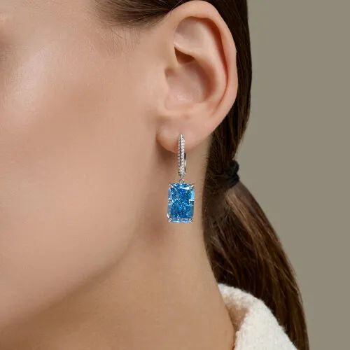 Серьги Длинные из серебра с камнями Фианит, Фианит Синий