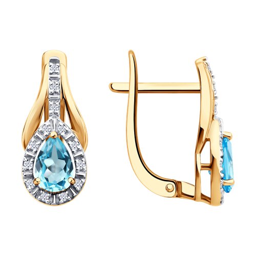 Серьги из красного золота с камнями Бриллиант, Топаз голубой