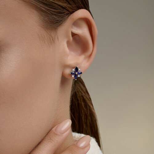 Cercei Pusete din argint  cu pietre Cubic Zirconia Incolor, Safir