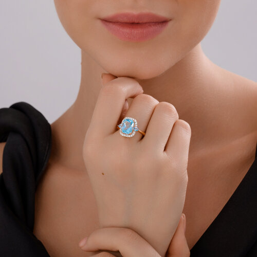 Inel din aur roșu cu pietre Cubic Zirconia Incolor, Topaz Swiss și Topaz albastru