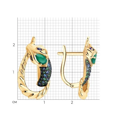 Cercei din aur roșu cu Cubic Zirconia Albastru, Cubic Zirconia Verde și Agat verde