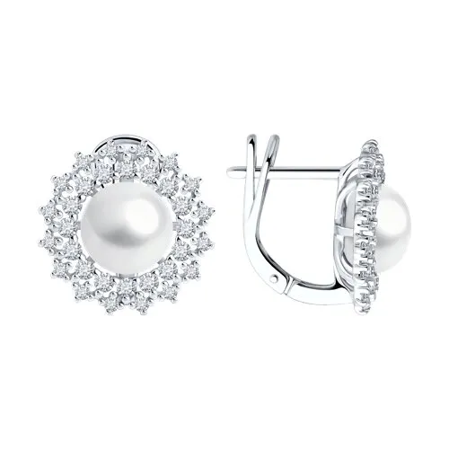 Cercei din argint cu Cubic Zirconia Incolor, Perla Albă