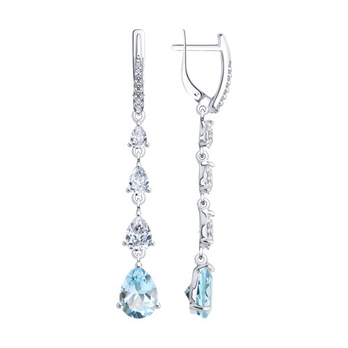 Серьги Длинные из серебра с камнями Фианит, Топаз голубой