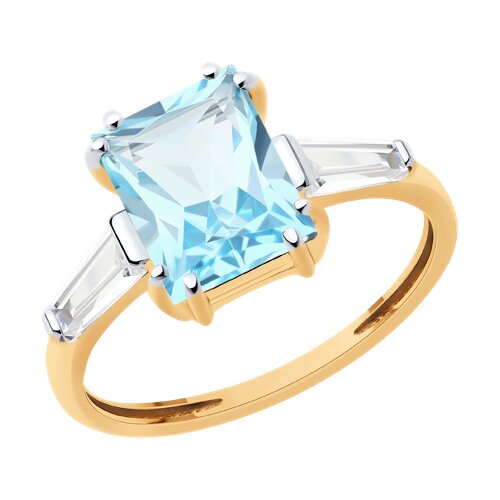 Кольцо из красного золота с камнями Фианит, Топаз голубой