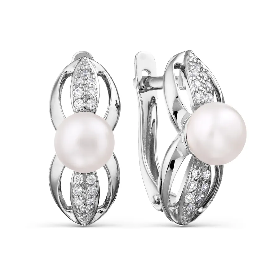 Cercei din aur alb cu Cubic Zirconia Incolor, Perla Albă