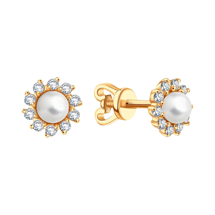Cercei Pusete din aur roșu cu Cubic Zirconia Incolor, Perla neagră