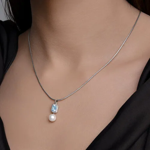 Pandantiv din aur alb cu Cubic Zirconia Incolor, Topaz Swiss și Perla Albă