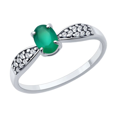 Кольцо из серебра с камнями Фианит, Агат зеленый