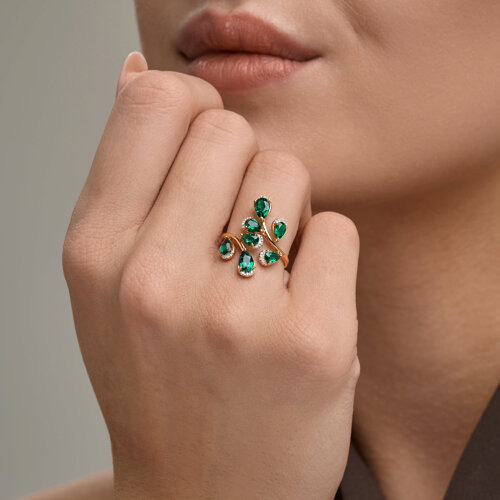 Кольцо из красного золота с камнями Бриллиант, Изумруд гидротермальный