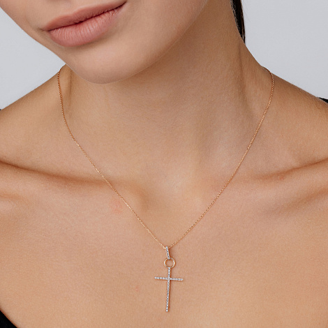 Крестик из красного золота с камнями Бриллиант