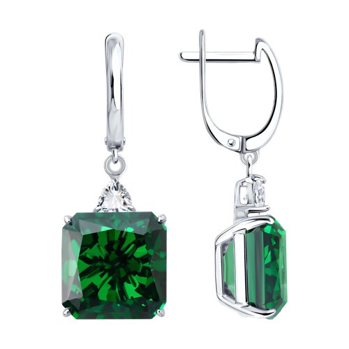 Серьги Длинные из серебра с камнями Фианит, Фианит Зелёный