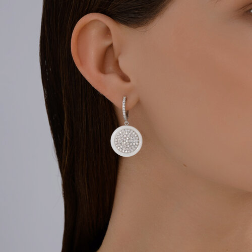 Cercei Creole din argint  cu pietre Cubic Zirconia Incolor, Ceramica albă