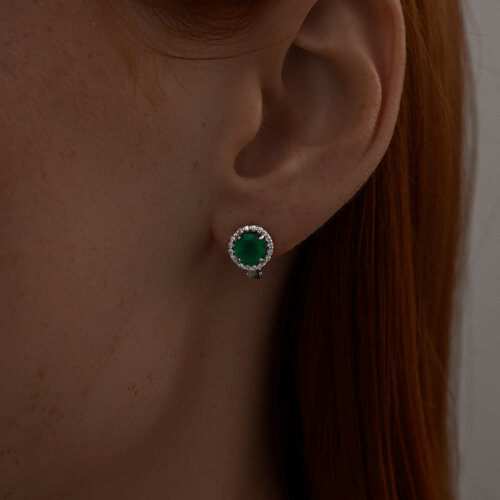 Серьги из серебра с камнями Фианит, Агат зеленый