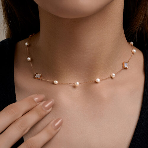 Colier din aur roșu cu pietre Perla Albă, Sidef Alb