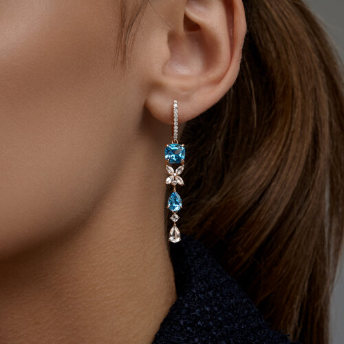 Cercei Suspendați din aur roșu cu pietre Diamant, Cristal de munte și Topaz Swiss