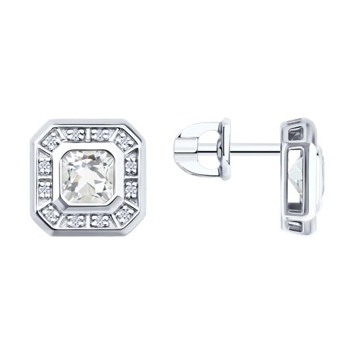 Серьги Пусеты из белого золота с камнями Бриллиант, Горный хрусталь