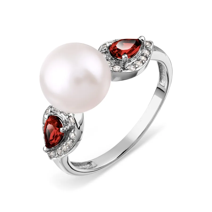 Inel din aur alb cu Cubic Zirconia Incolor, Granat și Perla Albă