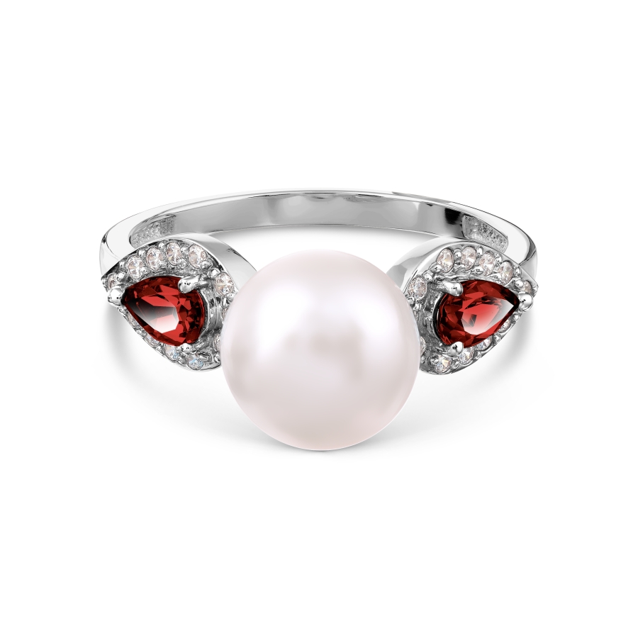 Inel din aur alb cu pietre Cubic Zirconia Incolor, Granat și Perla Albă