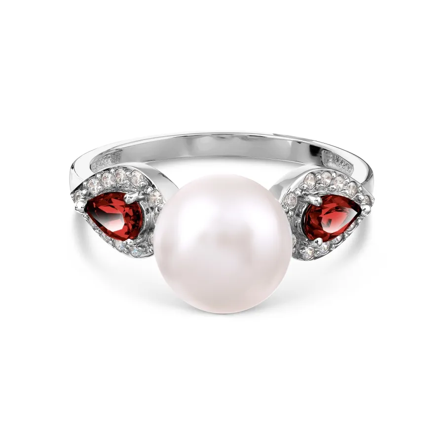 Inel din aur alb cu Cubic Zirconia Incolor, Granat și Perla Albă