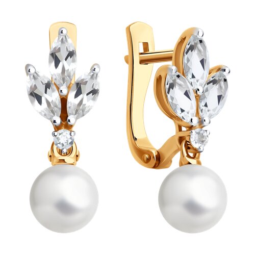 Cercei Suspendați din aur roșu cu pietre Cristal de munte, Perla Albă