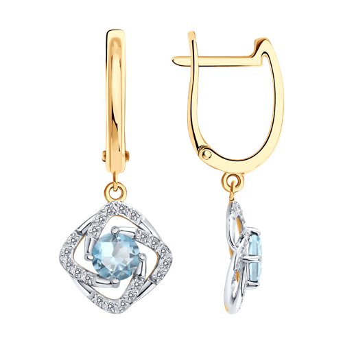 Серьги Длинные из красного золота с камнями Фианит, Топаз голубой