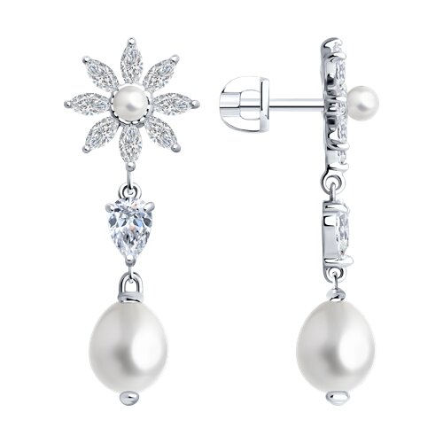 Cercei Pusete din argint  cu pietre Cubic Zirconia Incolor, Perla Albă