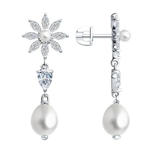 Cercei Pusete din argint cu Cubic Zirconia Incolor, Perla Albă