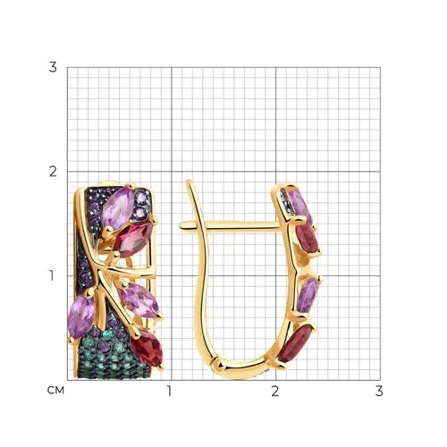 Cercei din aur roșu cu Cubic Zirconia Verde, Cubic Zirconia Liliachiu și Ametist