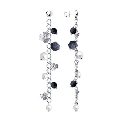 Серьги Пусеты из серебра с камнями Жемчуг Swarovski, Содалит
