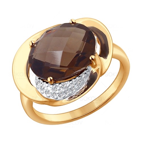 Inel din aur roșu cu pietre Cubic zirconia, Cuarț fumuriu