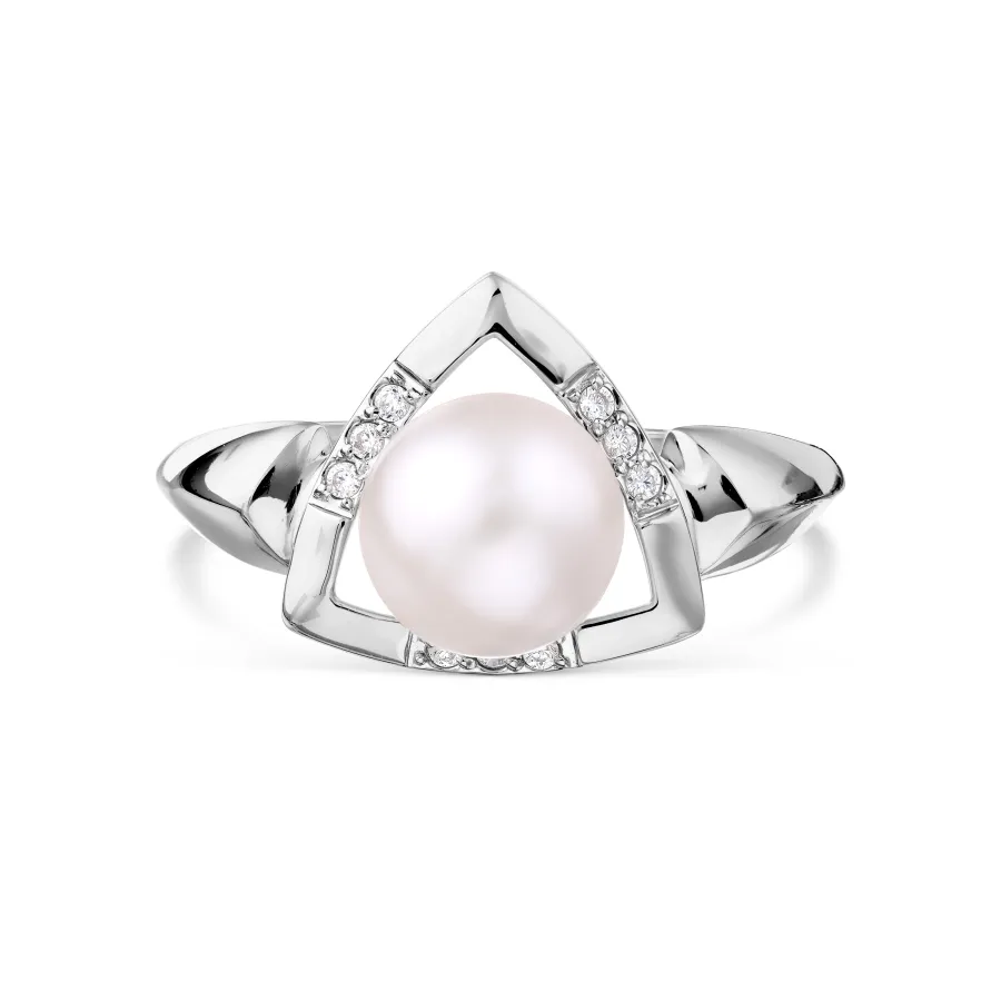 Inel din aur alb cu Cubic Zirconia Incolor, Perla Albă