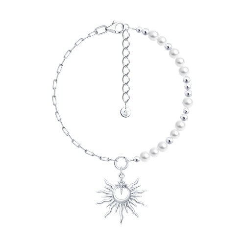 Браслет из серебра с камнями Фианит, Жемчуг имит.