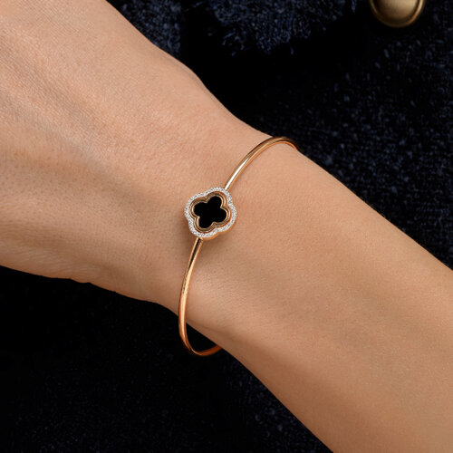 Браслет из красного золота с камнями Фианит, Агат черный