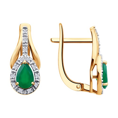 Серьги из красного золота с камнями Бриллиант, Агат зеленый