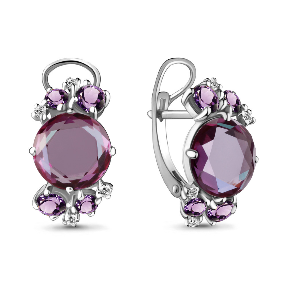 Серьги из серебра с камнями Фианит, Аметист и Александрит (синт.)