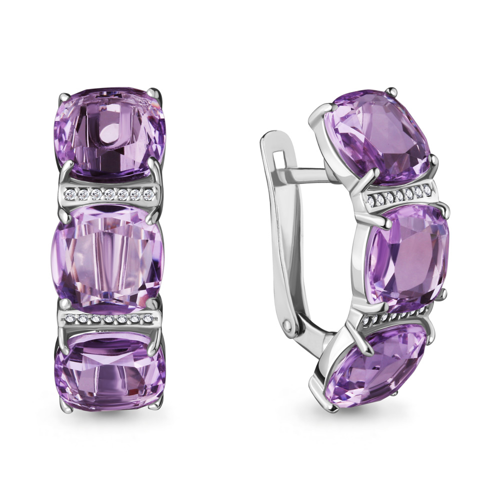 Серьги из серебра с камнями Фианит, Аметист