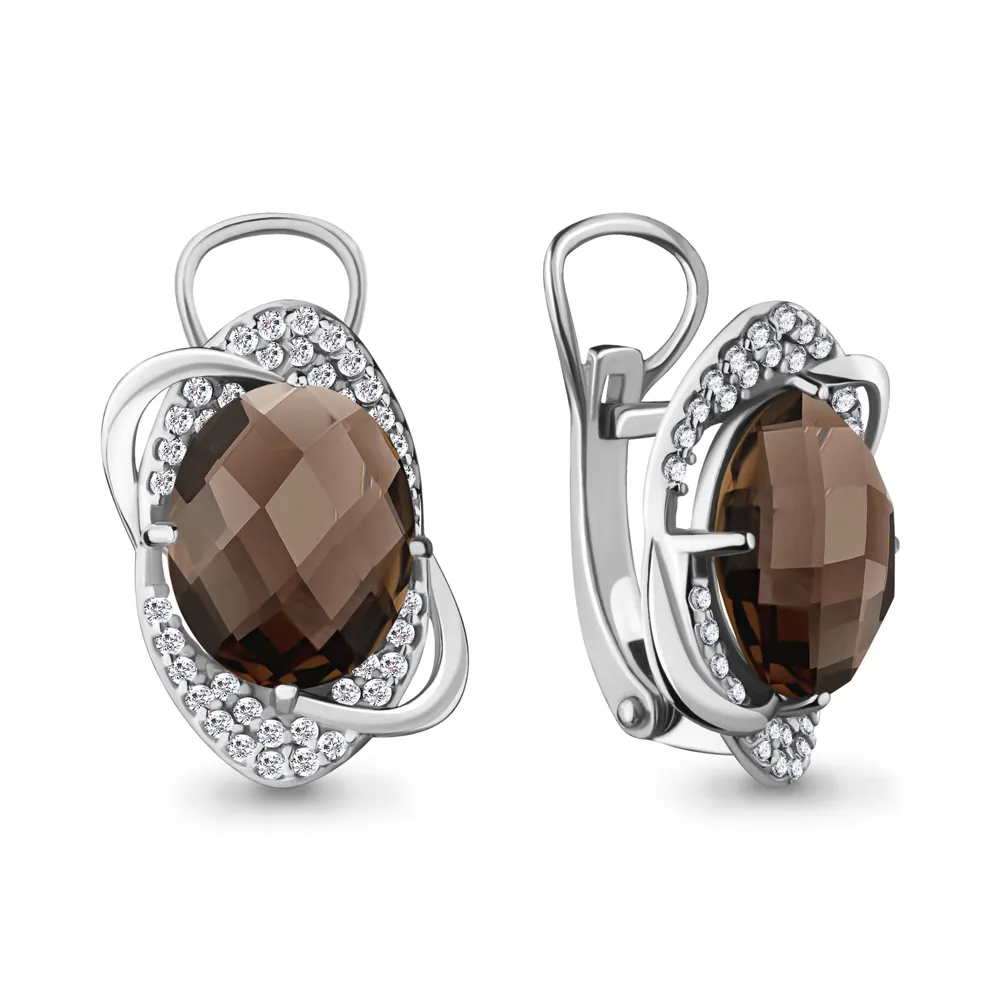 Cercei din aur alb cu Cubic Zirconia Incolor, Cuarț fumuriu
