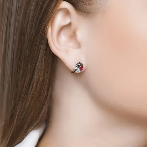 Cercei Pusete din argint cu Cubic Zirconia Incolor, Cubic Zirconia Negru și Corindon (rubin)