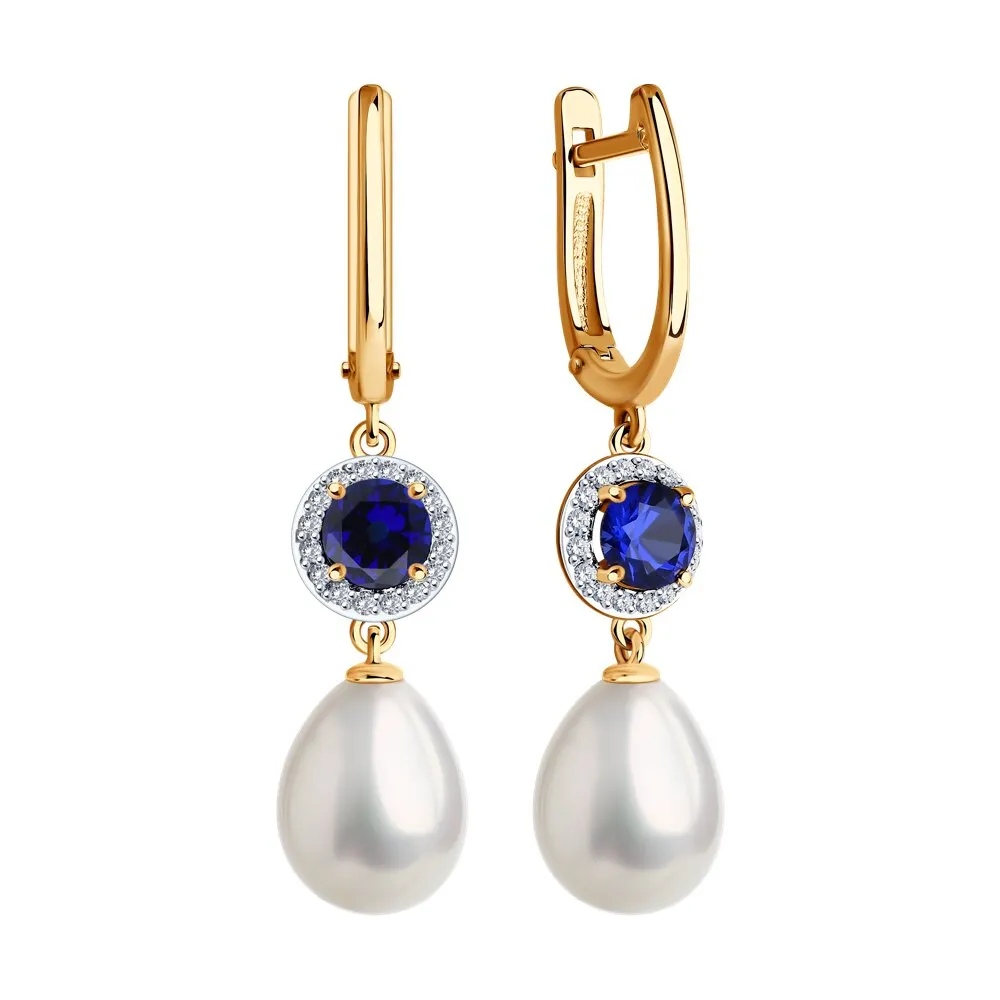 Cercei Suspendați din aur roșu cu Cubic Zirconia Incolor, Perla Albă și Corindon