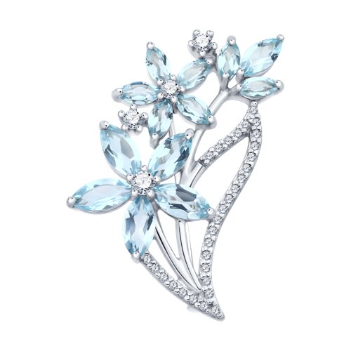 Broșă din argint  cu pietre Cubic Zirconia Incolor, Topaz albastru