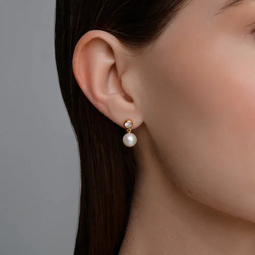 Cercei Pusete din aur roșu cu Cubic Zirconia Incolor, Perla Albă