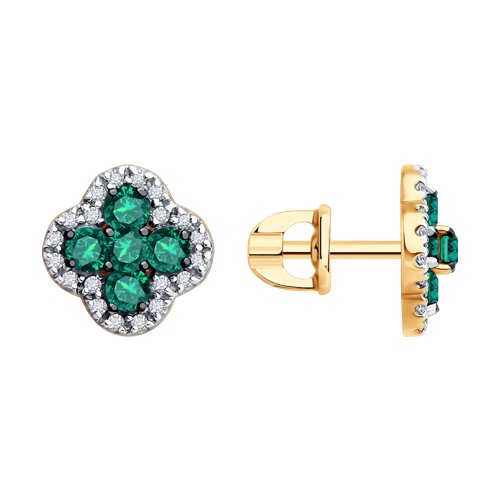 Серьги Пусеты из красного золота с камнями Бриллиант, Изумруд гидротермальный