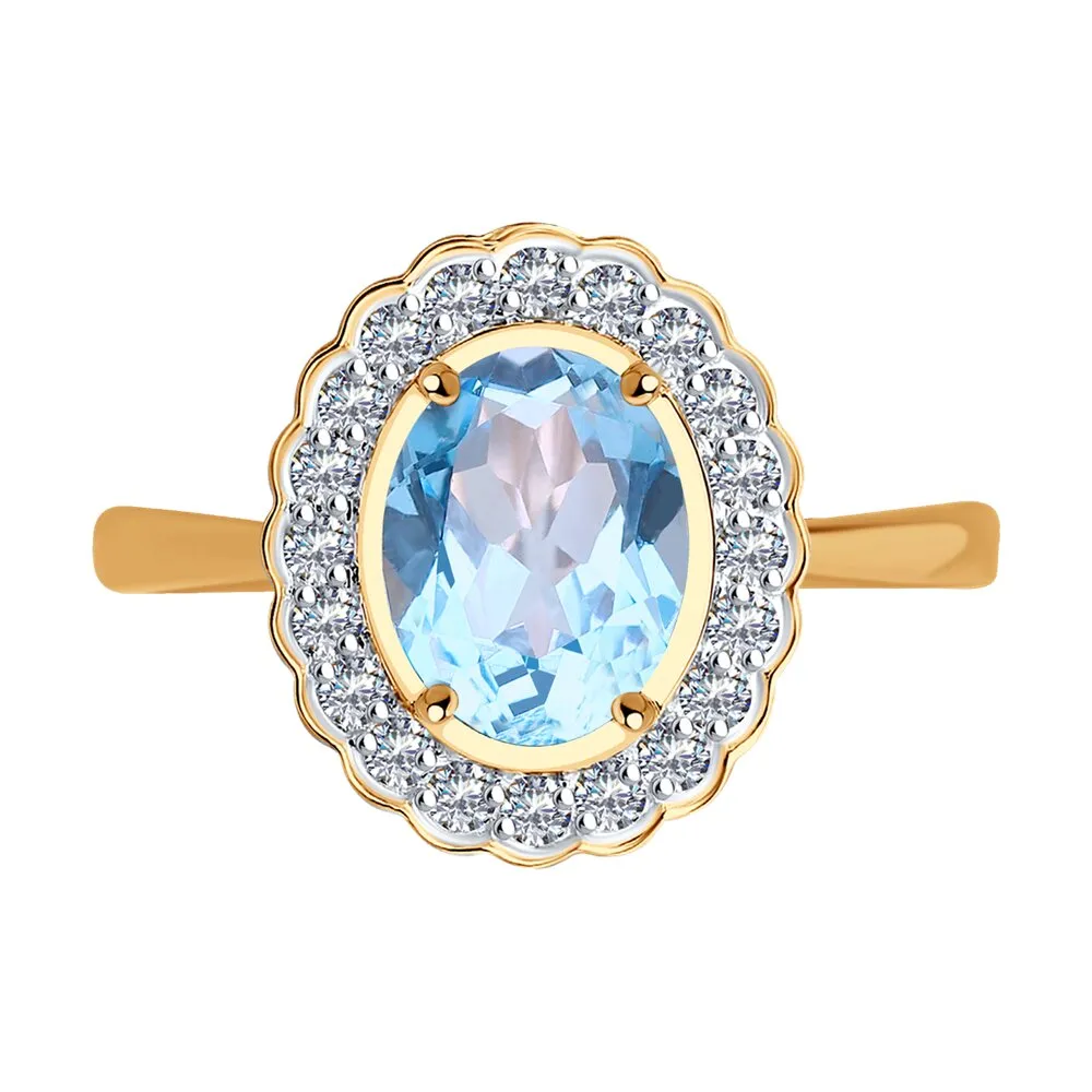 Inel din aur roșu cu Cubic Zirconia Incolor, Topaz albastru